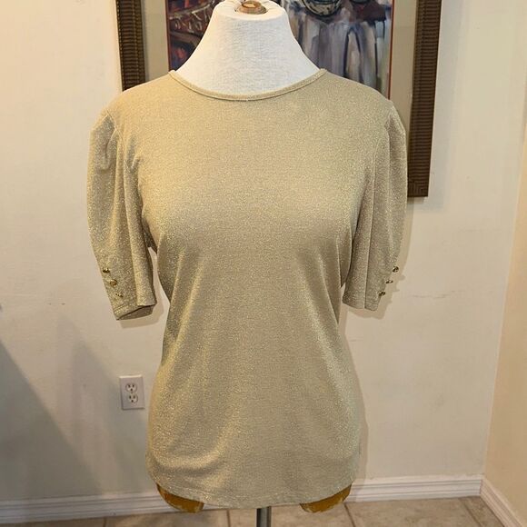 Liz Claiborne Gold Shimmer Puff Sleeve Top w/ Button Embellishments Size Medium - Picture 6 of 11